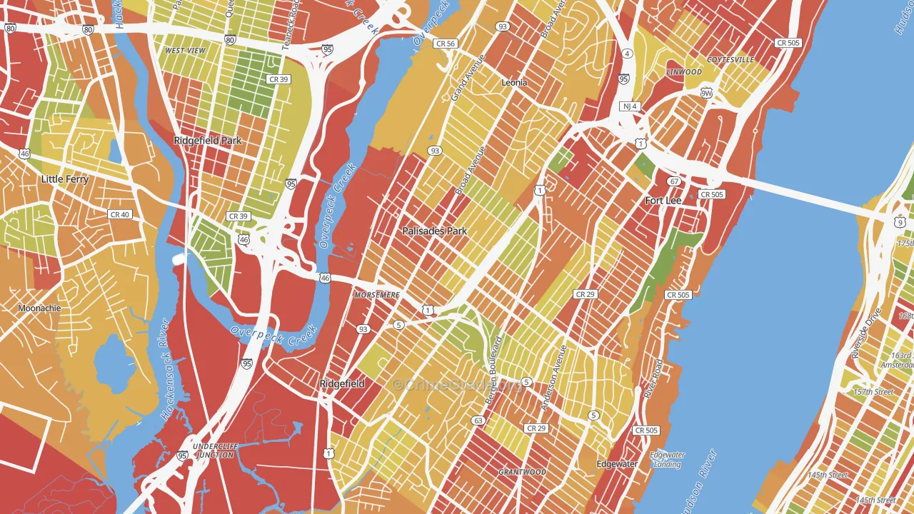Palisades Park, NJ Map of Robbery Rates