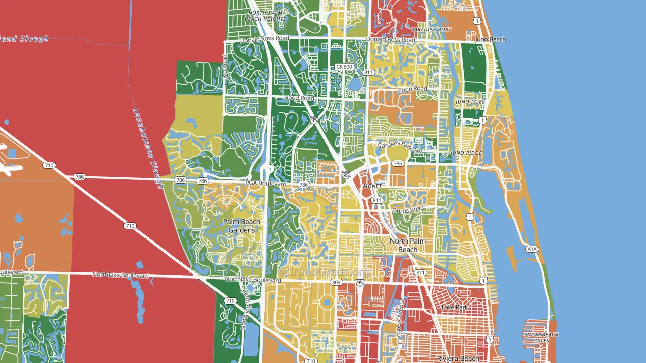 Palm Beach Gardens, FL Map of Robbery Rates