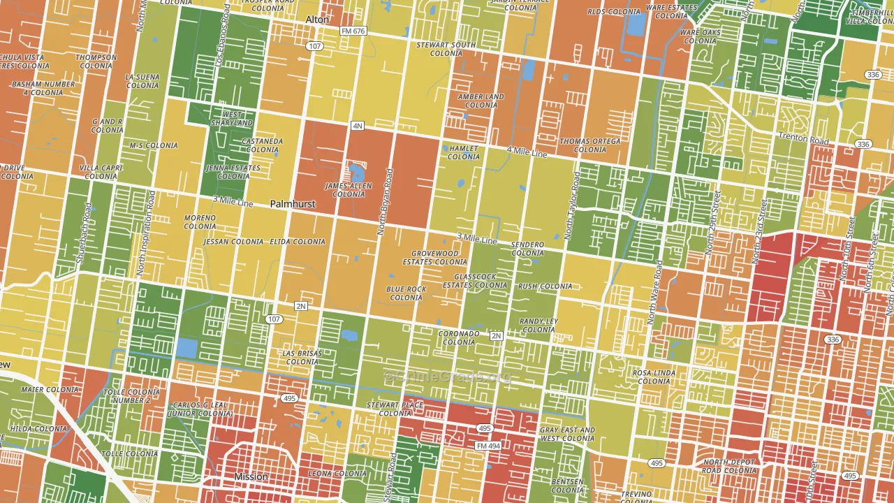 Palmhurst, TX Map of Robbery Rates