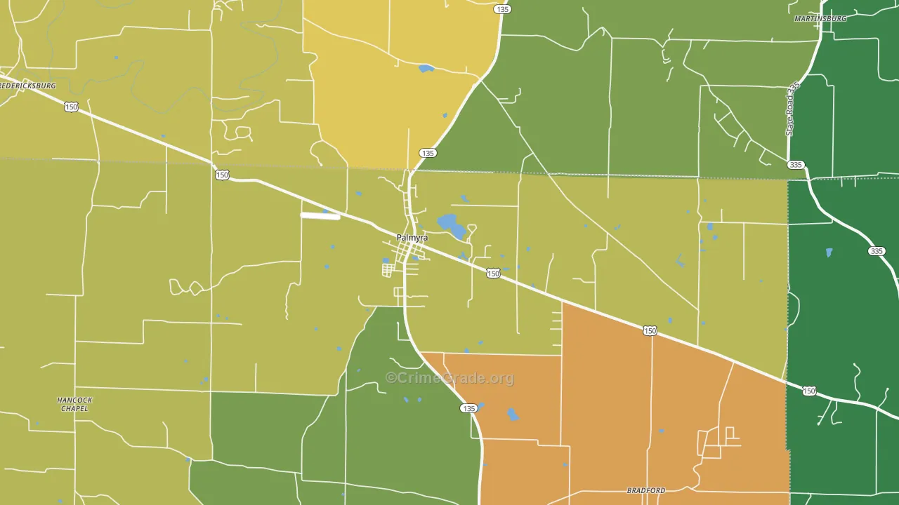 Palmyra, IN Map of Robbery Rates