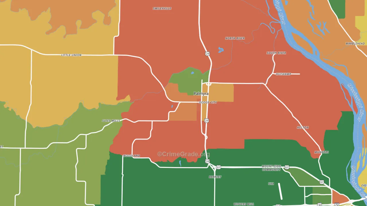 Palmyra, MO Map of Robbery Rates