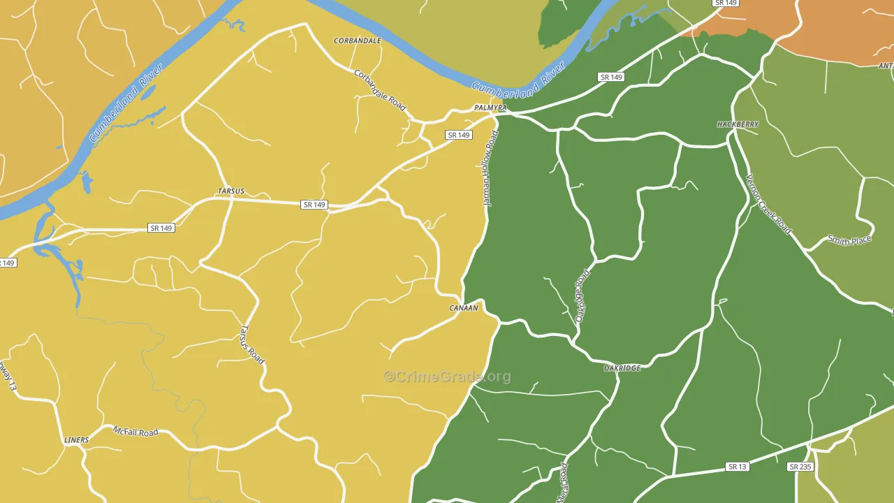 Palmyra, TN Map of Robbery Rates