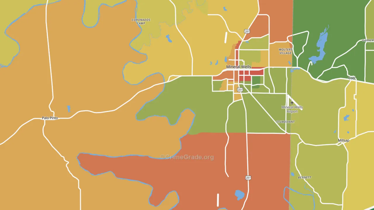 Palo Pinto County, TX Map of Robbery Rates