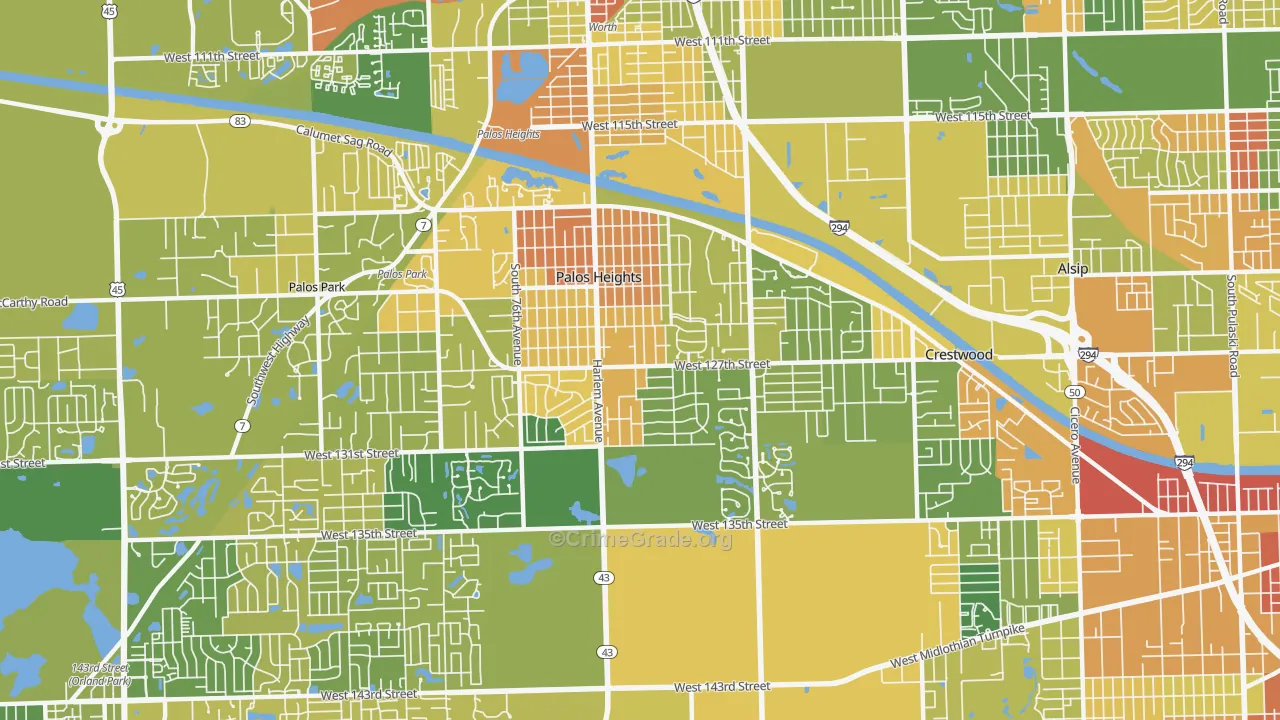 Palos Heights, IL Map of Robbery Rates