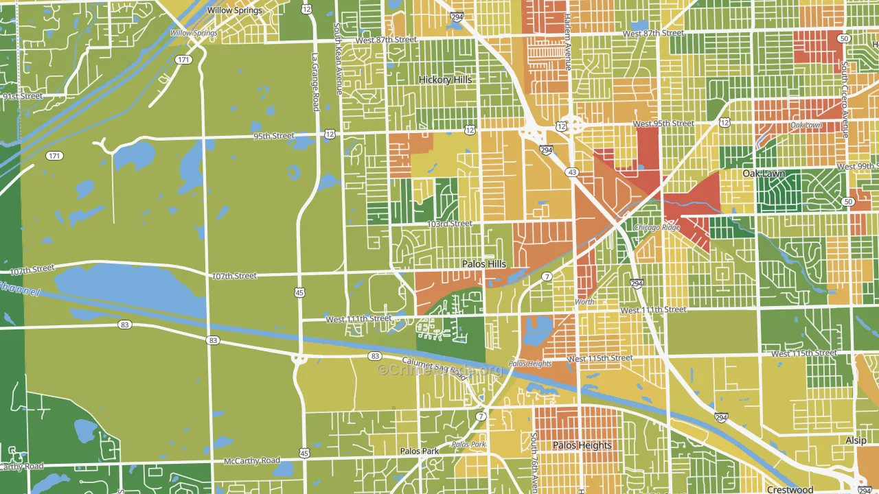 Palos Hills, IL Map of Robbery Rates