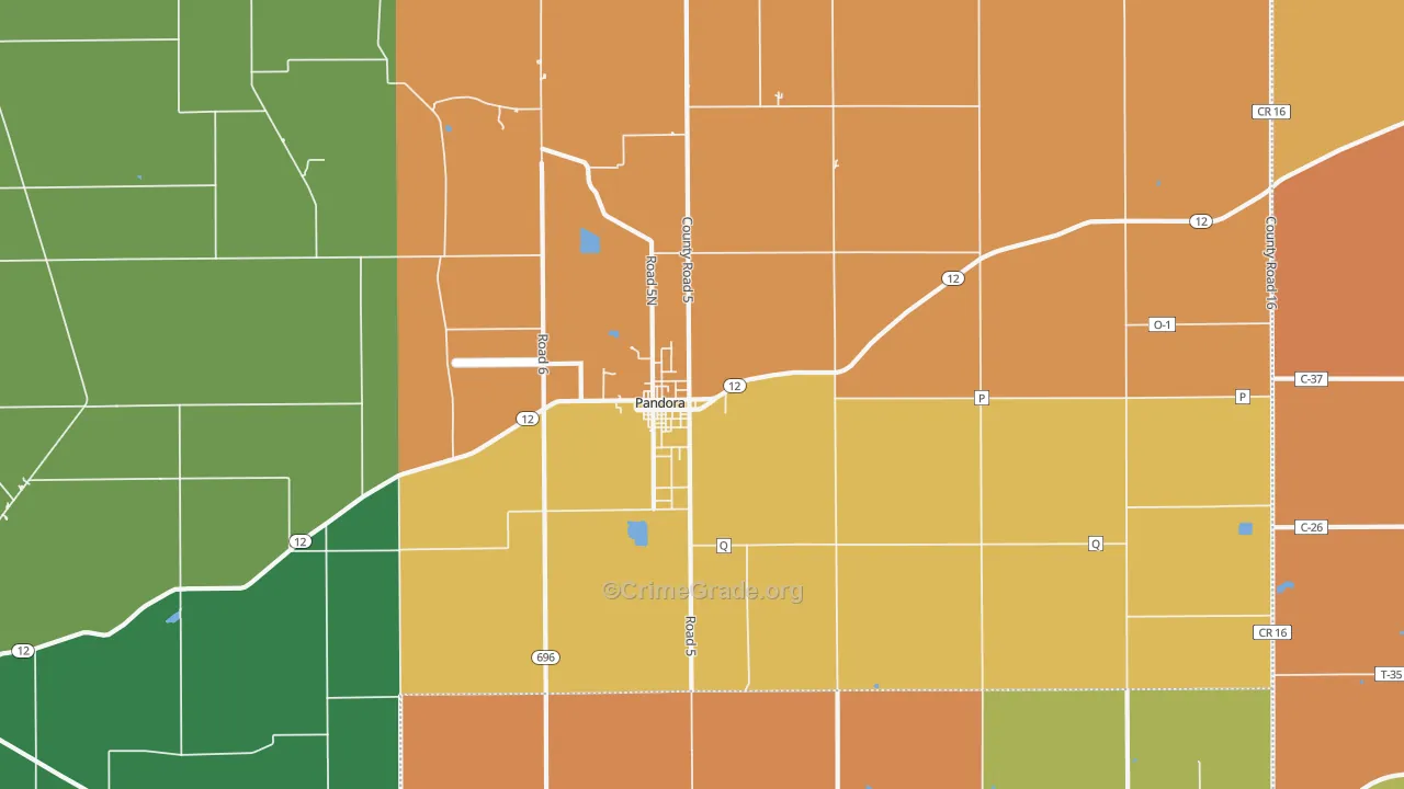 Pandora, OH Map of Robbery Rates