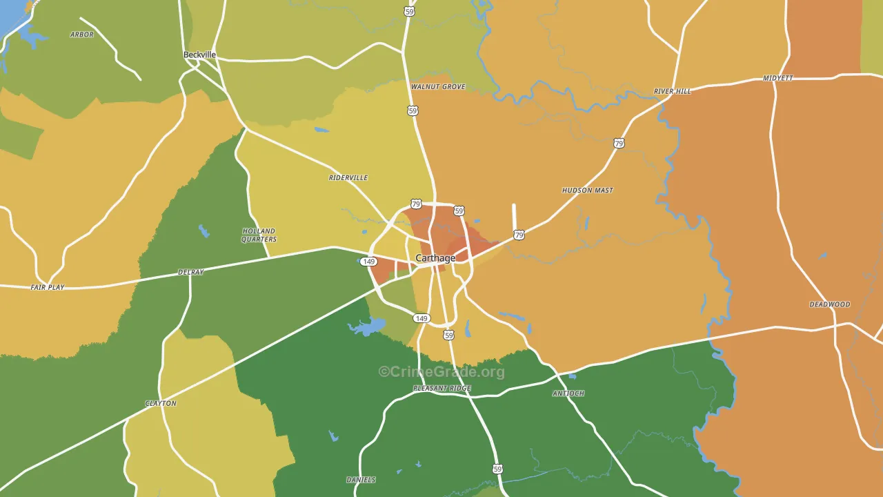 Panola County, TX Map of Robbery Rates