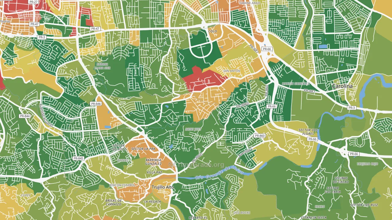 Parcelas Saint Just, Trujillo Alto, PR Map of Robbery Rates
