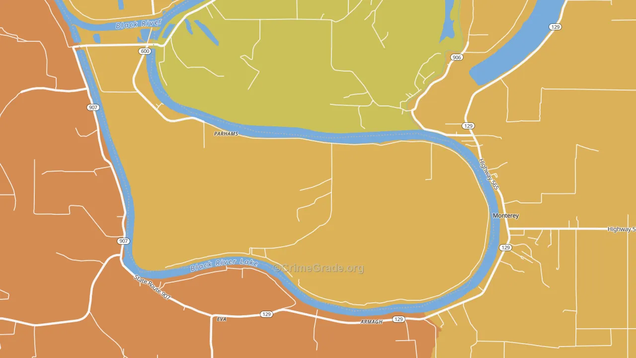 Parhams, LA Map of Robbery Rates