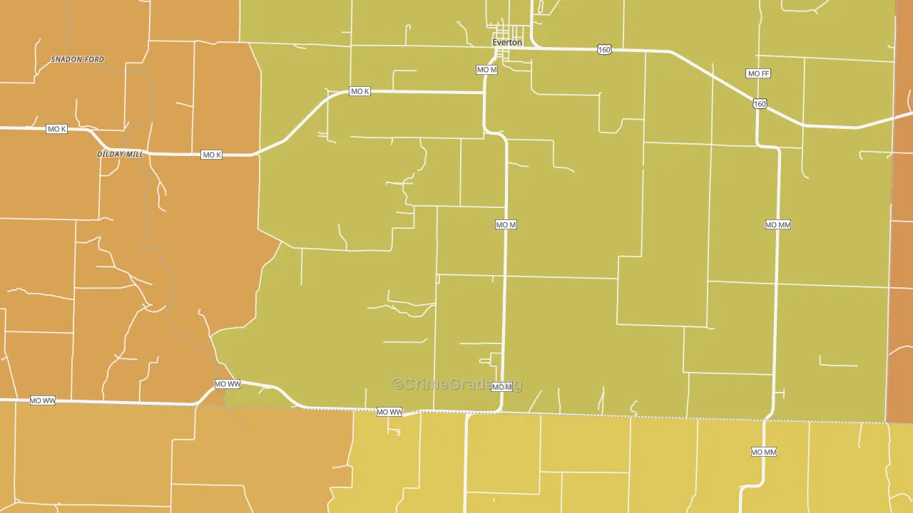 Paris Springs, MO Map of Robbery Rates