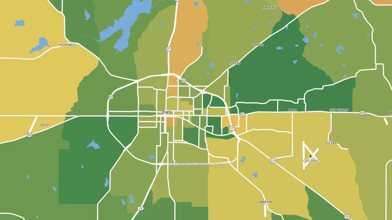 Paris, TX Map of Robbery Rates