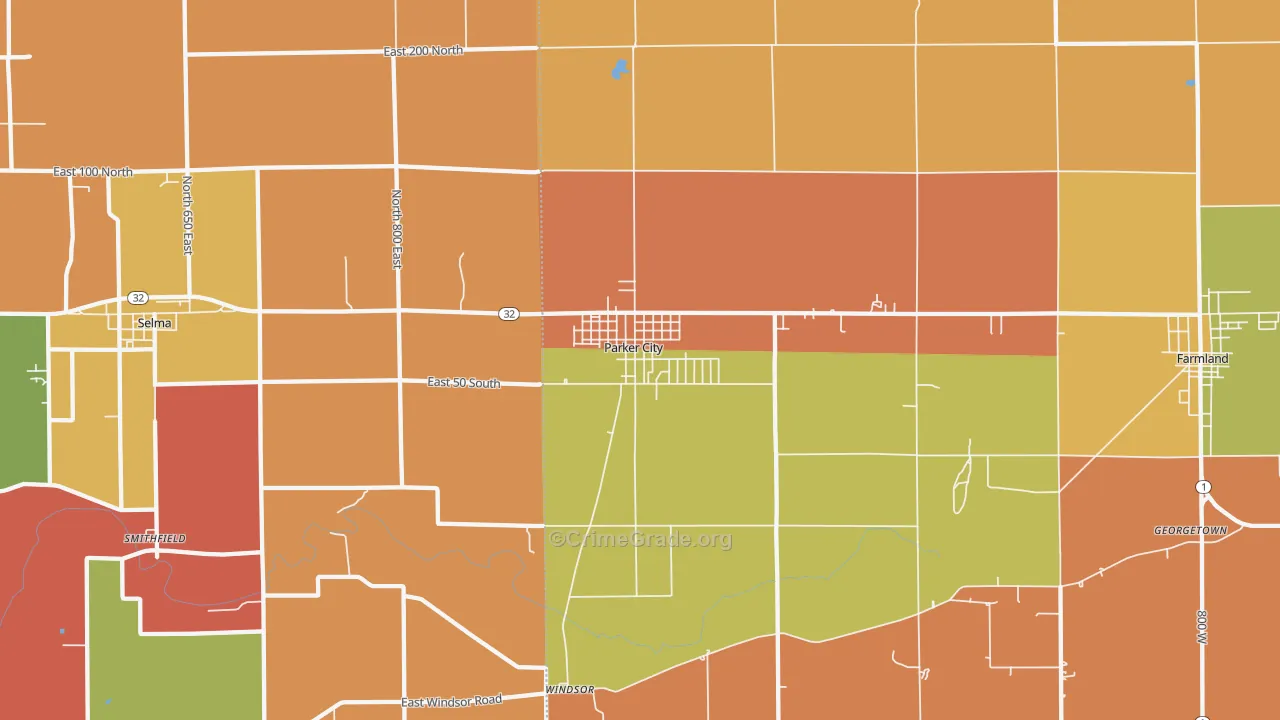 Parker City, IN Map of Robbery Rates