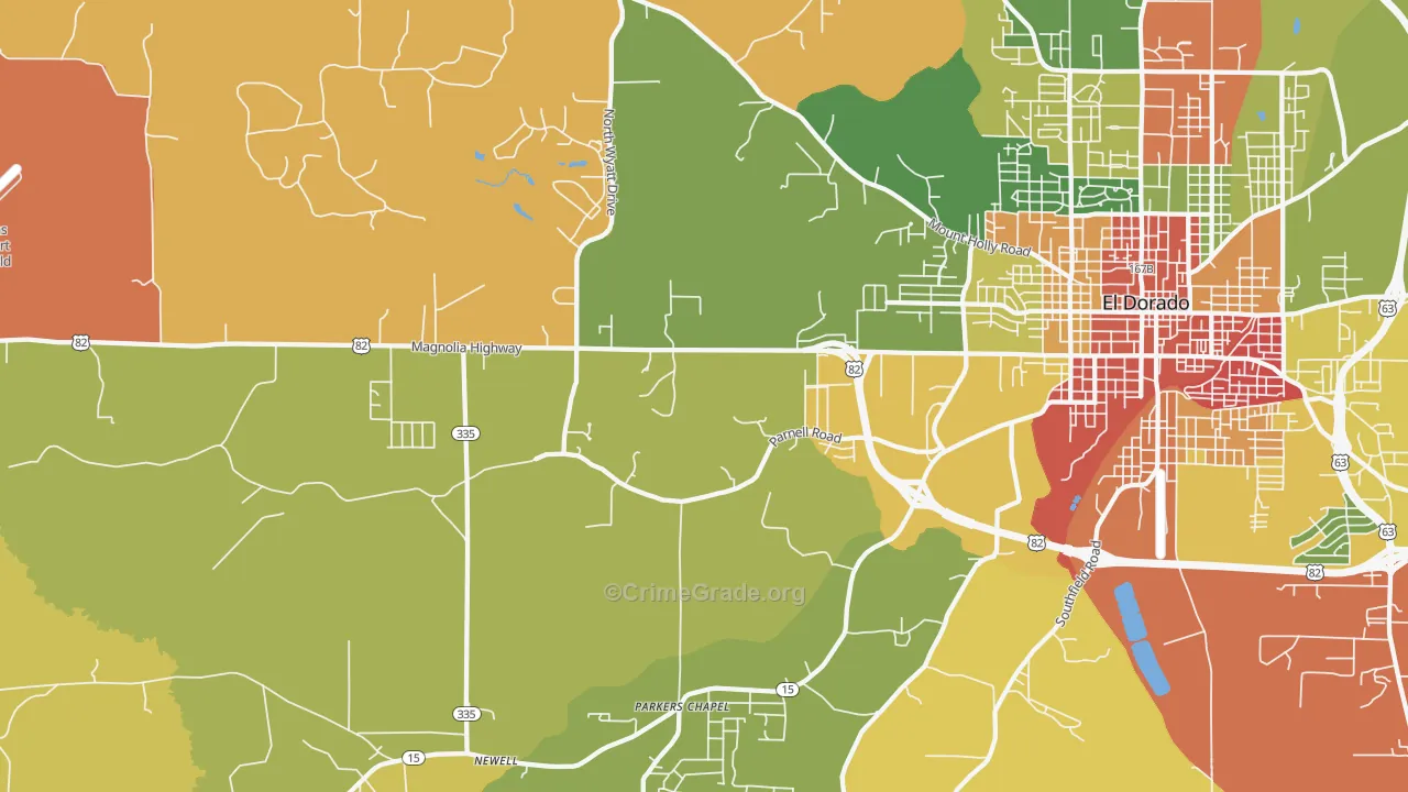 Parkers Chapel, AR Map of Robbery Rates