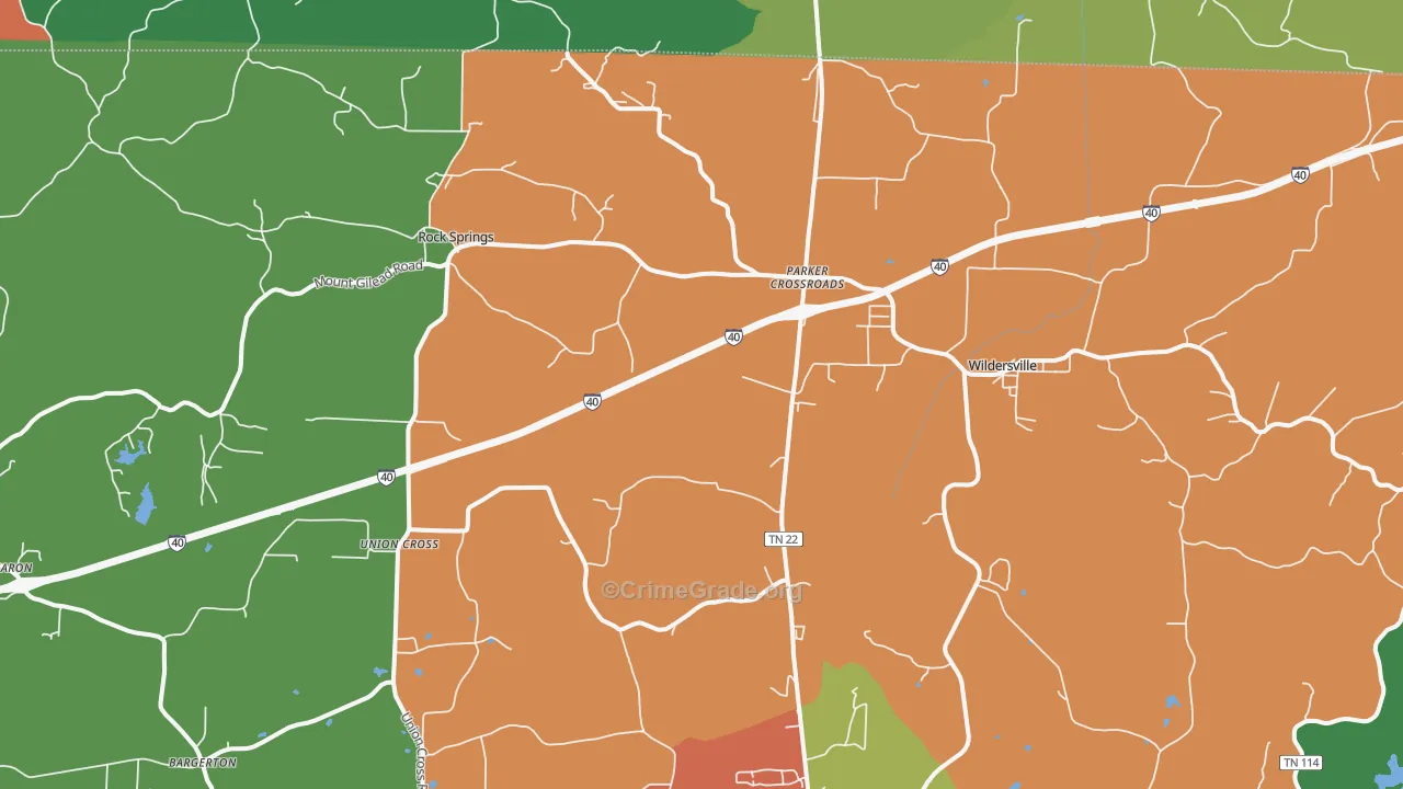 Parkers Crossroads, TN Map of Robbery Rates