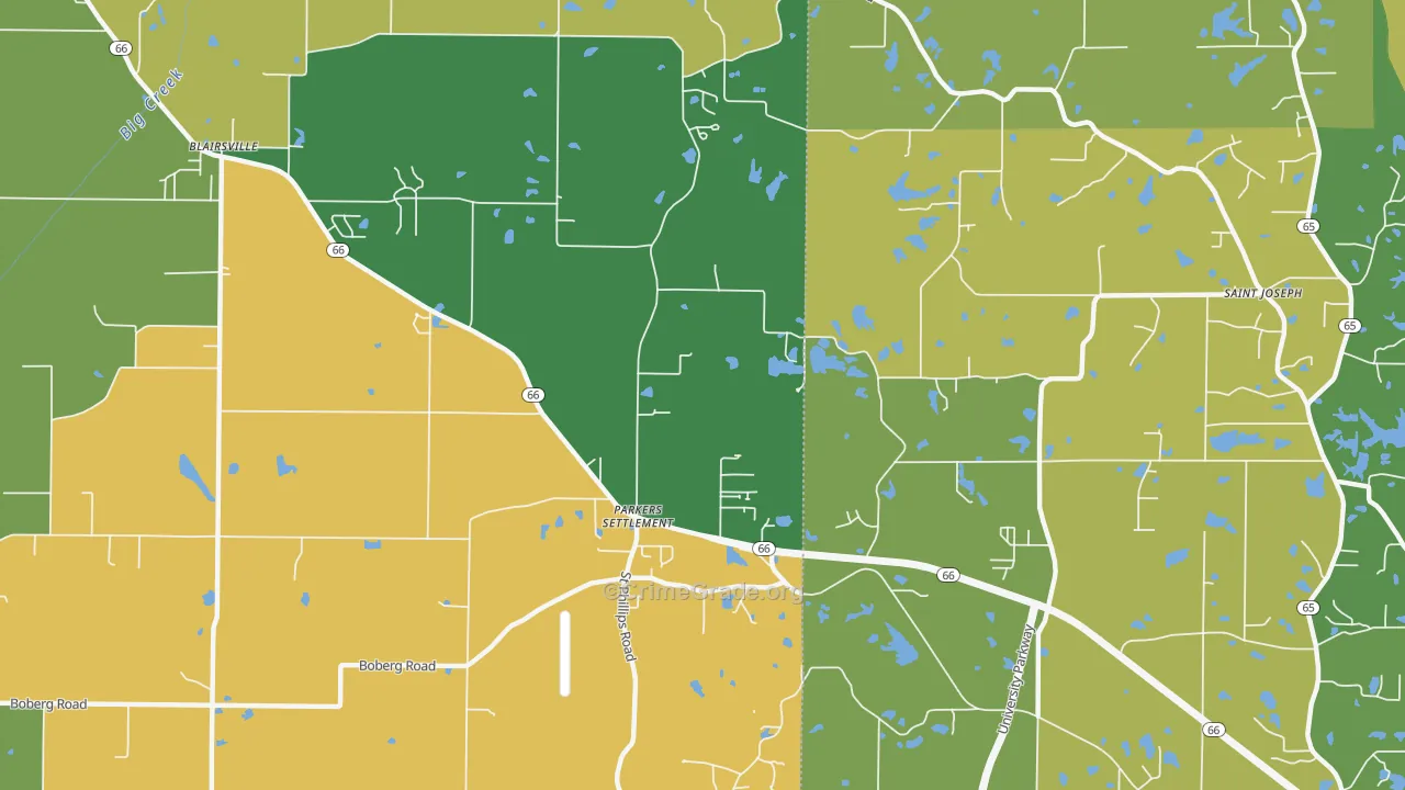 Parkers Settlement, IN Map of Robbery Rates