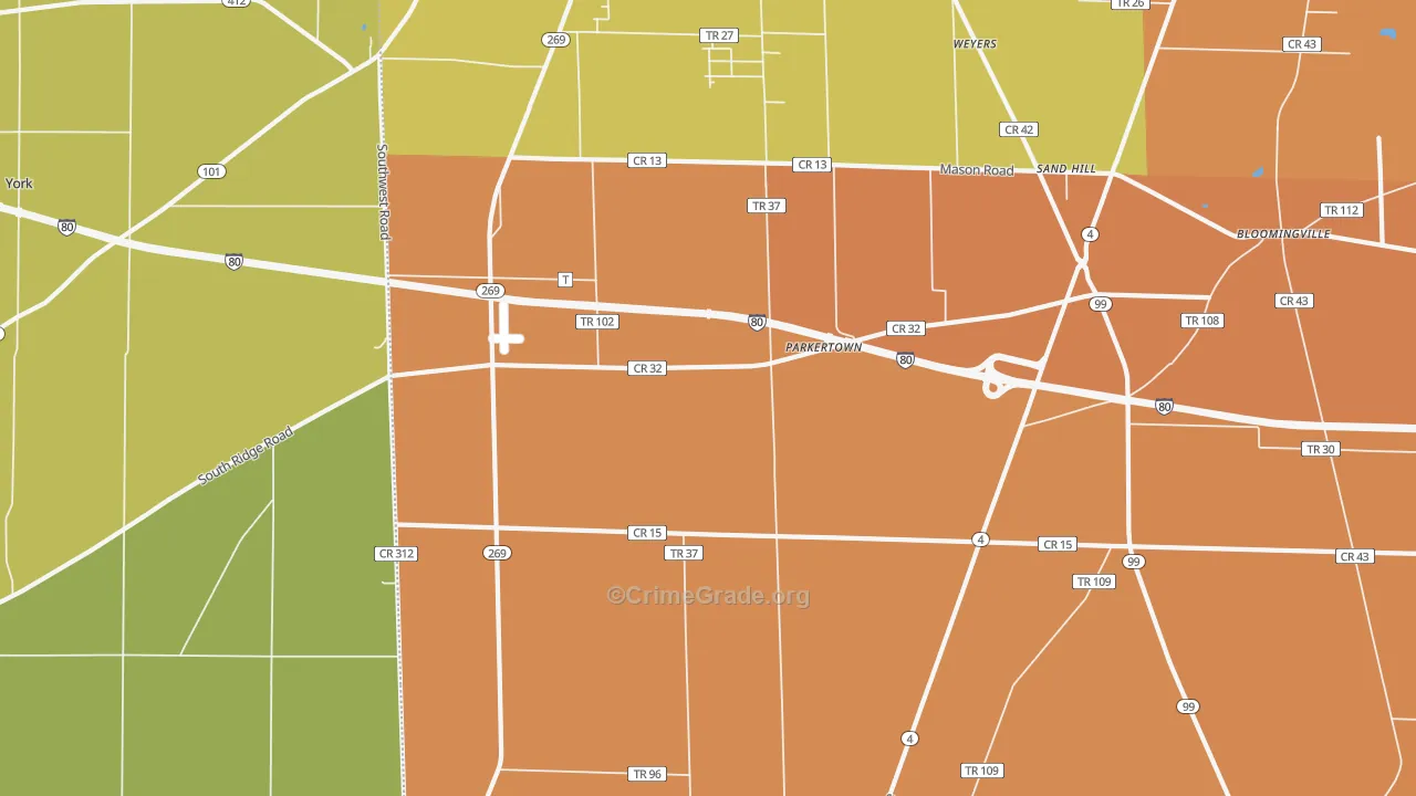 Parkertown, OH Map of Robbery Rates