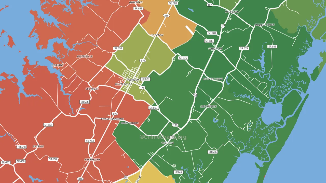 Parksley, VA Map of Robbery Rates