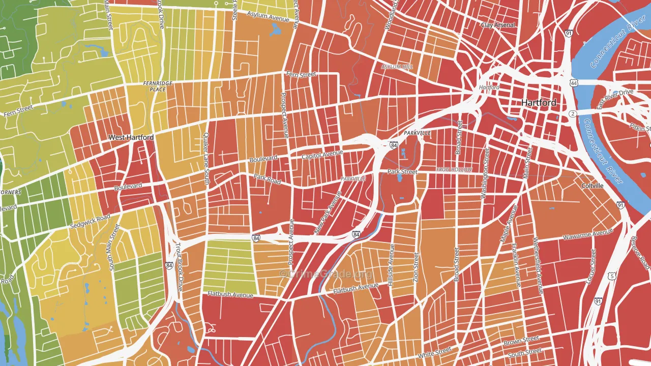 Parkville, Hartford, CT Map of Robbery Rates