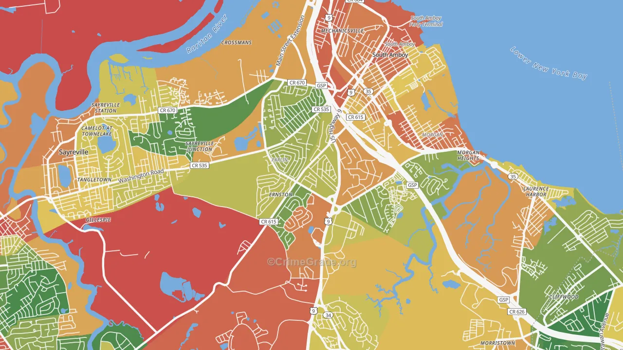 Parlin, NJ Map of Robbery Rates