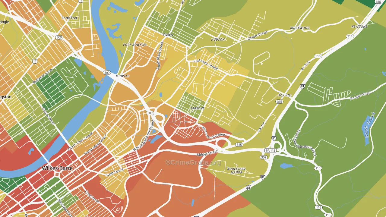 Parsons, Wilkes-Barre, PA Map of Robbery Rates
