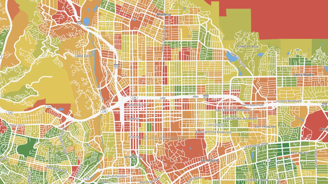 Pasadena, CA Map of Robbery Rates