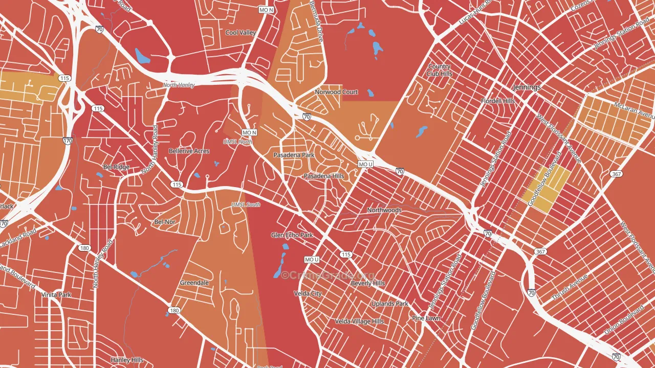 Pasadena Hills, MO Map of Robbery Rates