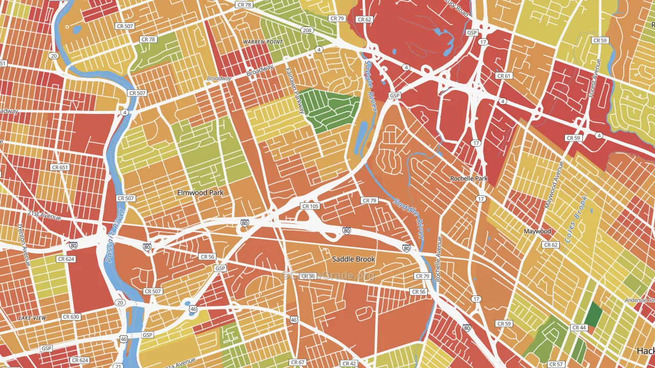 Passaic Junction, Saddle Brook, NJ Map of Robbery Rates