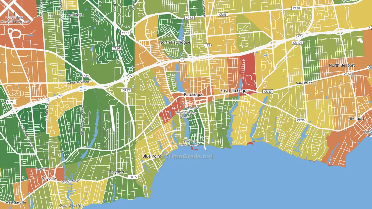 Patchogue, NY Map of Robbery Rates
