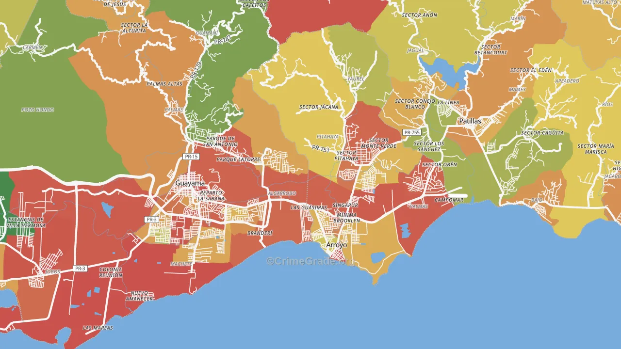 Patillas, PR Map of Robbery Rates