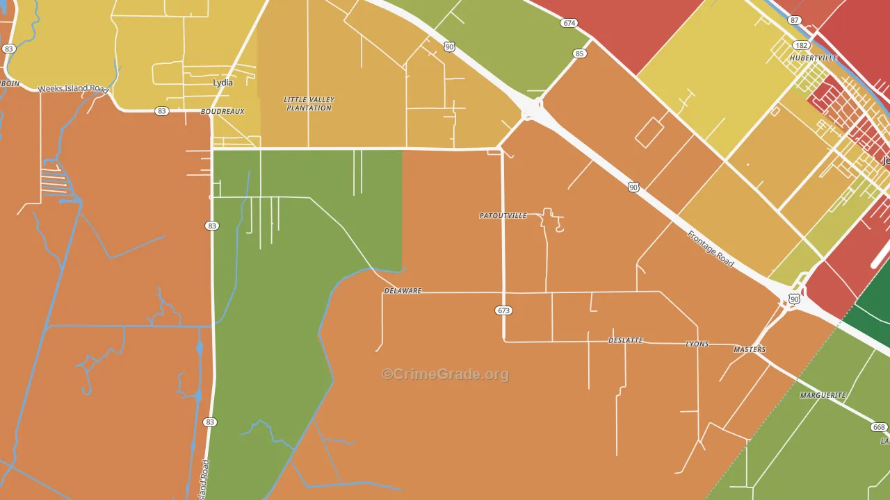 Patoutville, LA Map of Robbery Rates
