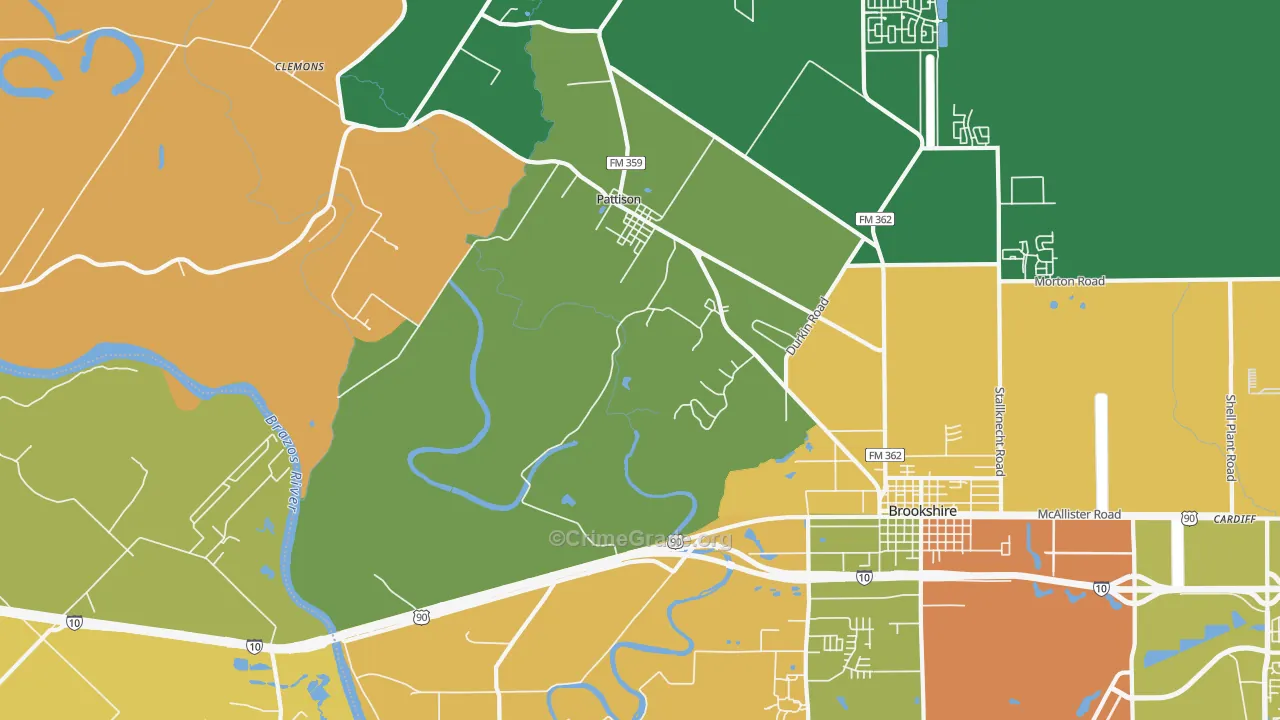 Pattison, TX Map of Robbery Rates