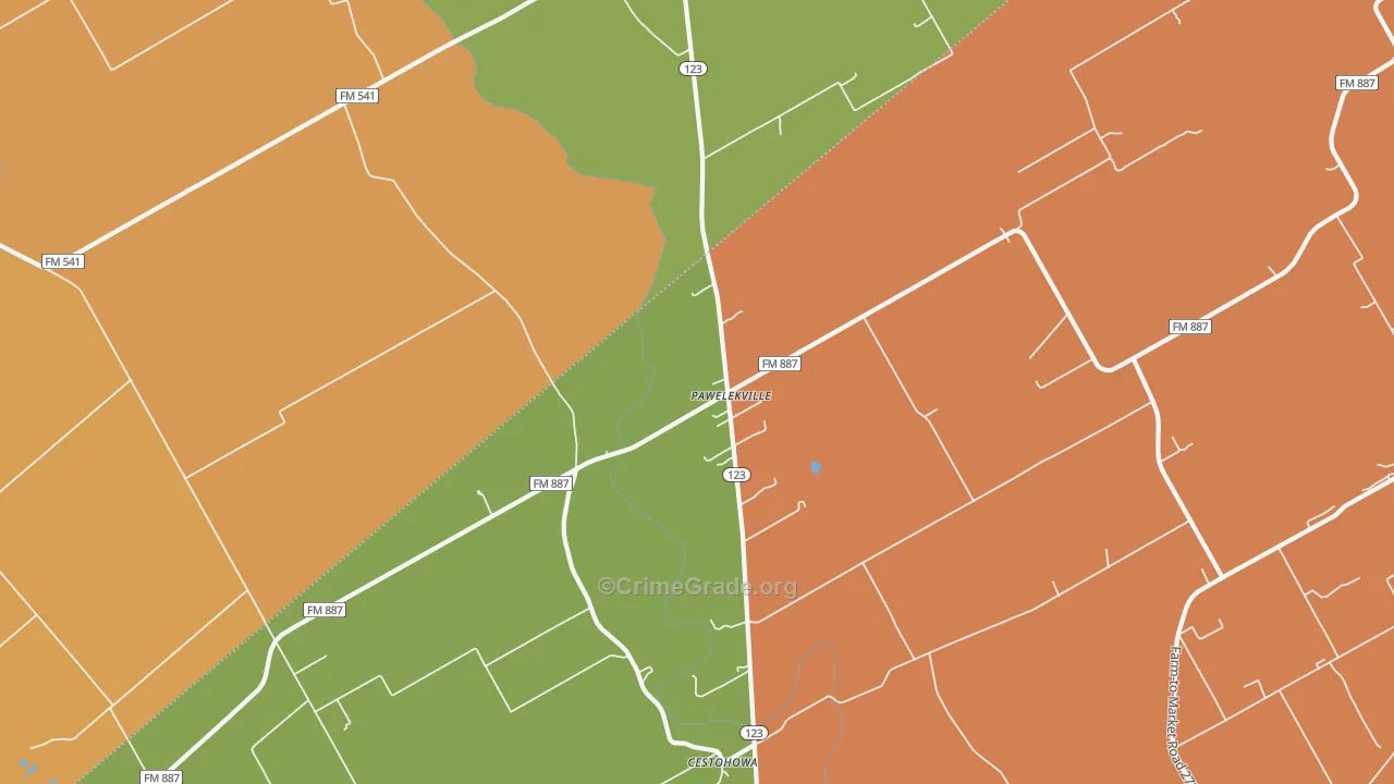 Pawelekville, TX Map of Robbery Rates