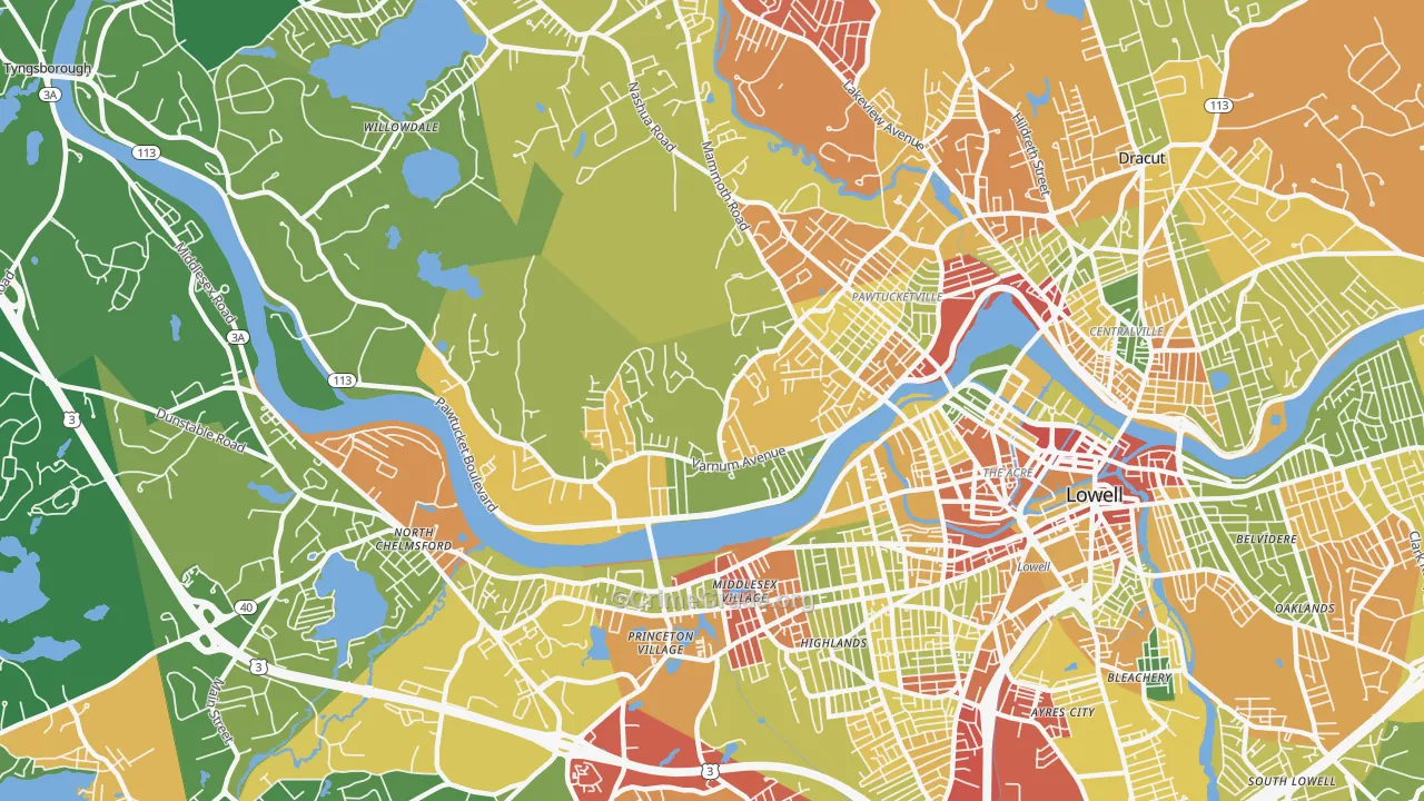 Pawtucketville, Lowell, MA Map of Robbery Rates