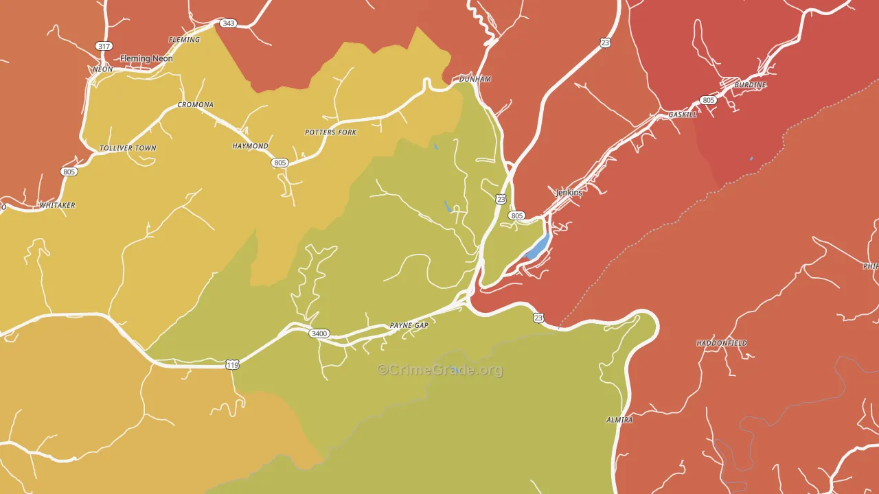 Payne Gap, KY Map of Robbery Rates
