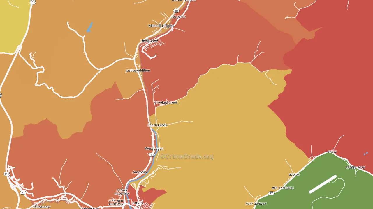 Peach Creek, WV Map of Robbery Rates