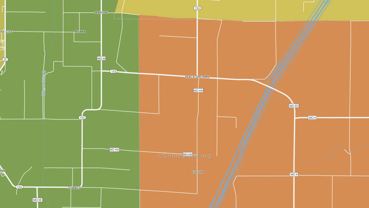 Peach Orchard, MO Map of Robbery Rates