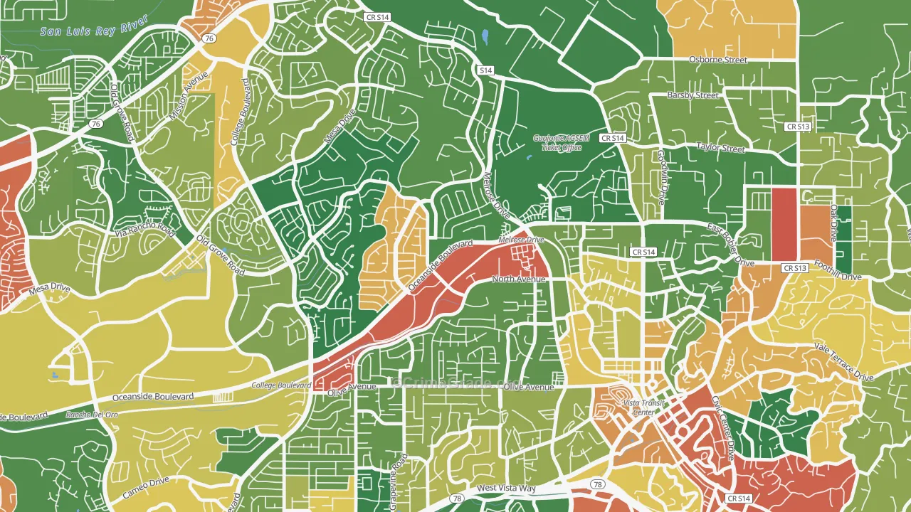 Peacock, Oceanside, CA Map of Robbery Rates