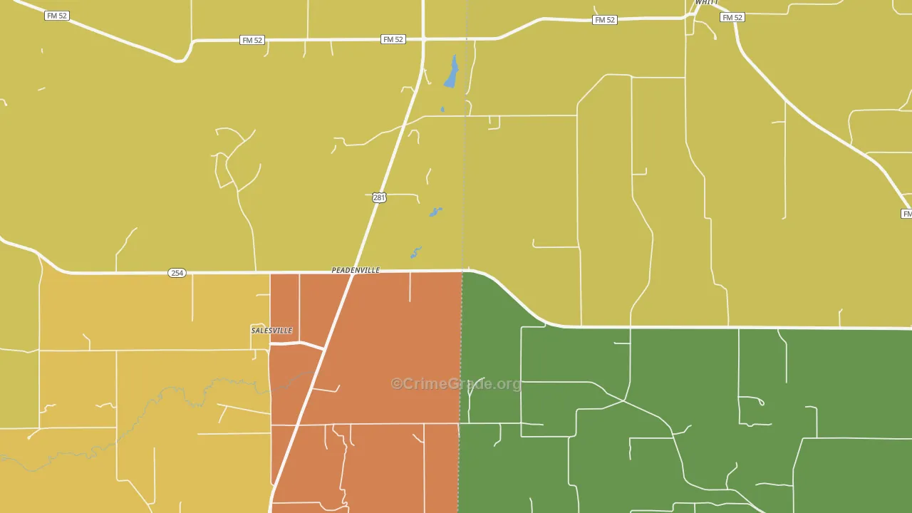 Peadenville, TX Map of Robbery Rates