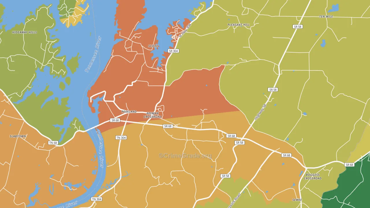 Peakland, TN Map of Robbery Rates