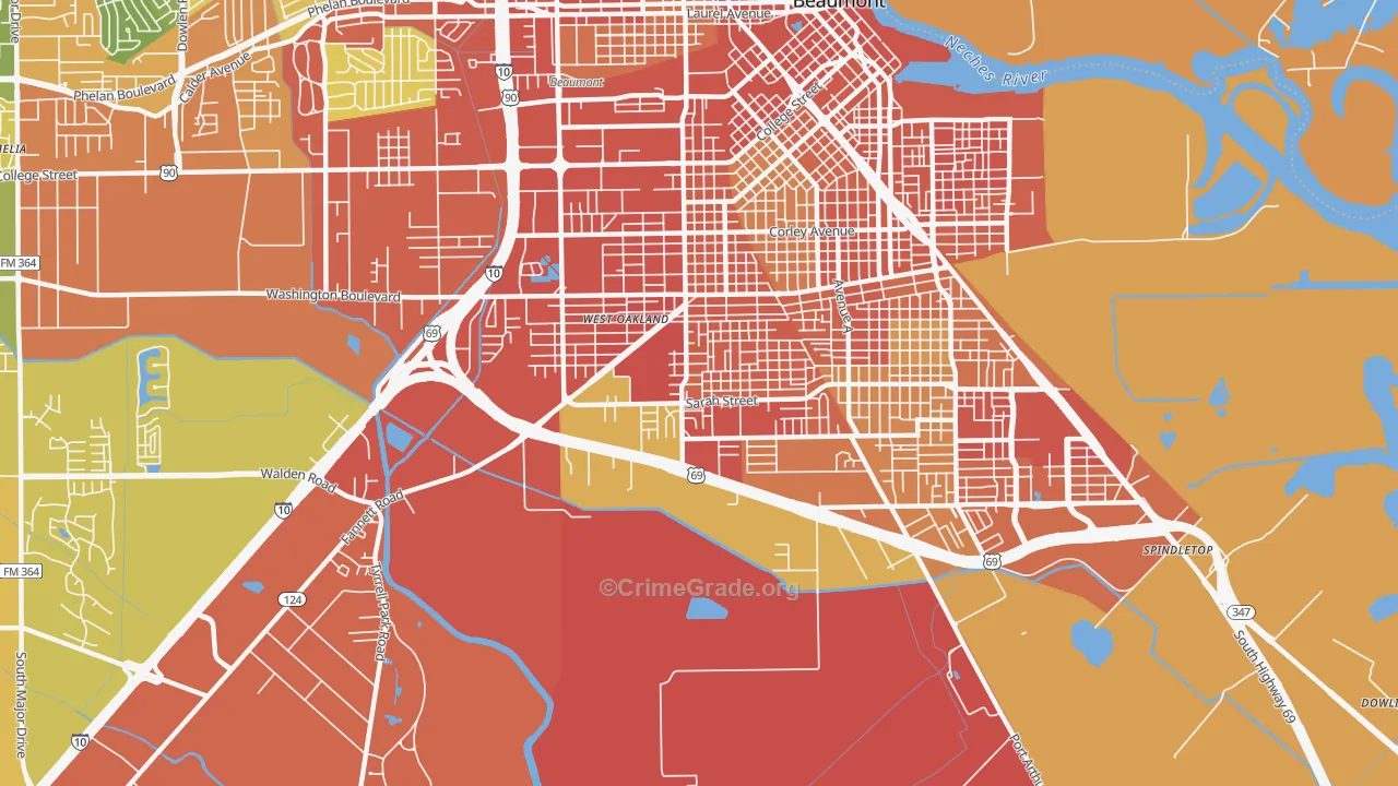 Pear Orchard, Beaumont, TX Map of Robbery Rates