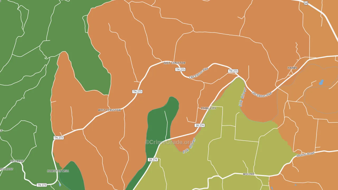 Pearl City, TN Map of Robbery Rates