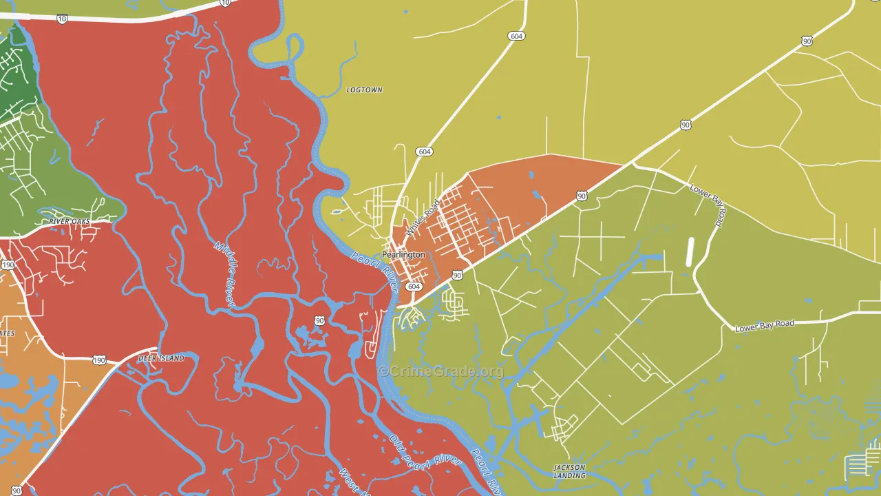 Pearlington, MS Map of Robbery Rates