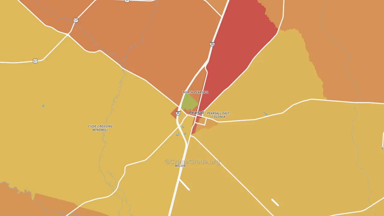 Pearsall, TX Map of Robbery Rates