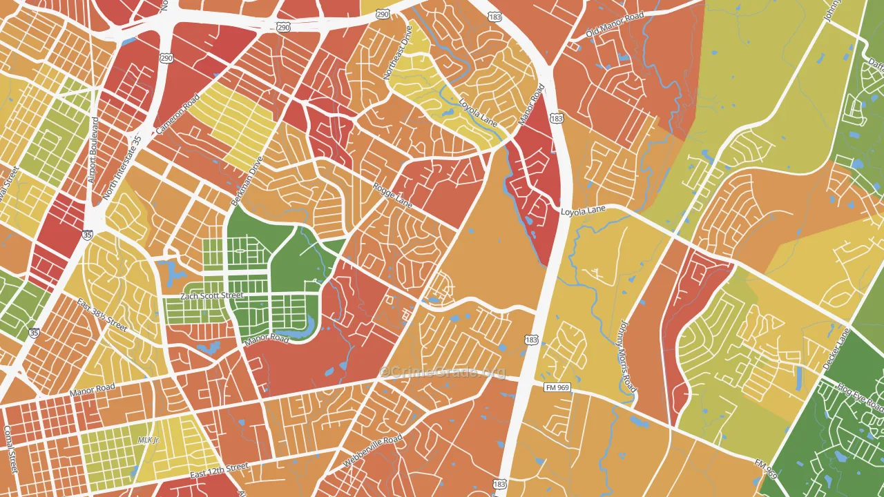 Pecan Springs Springdale, Austin, TX Map of Robbery Rates