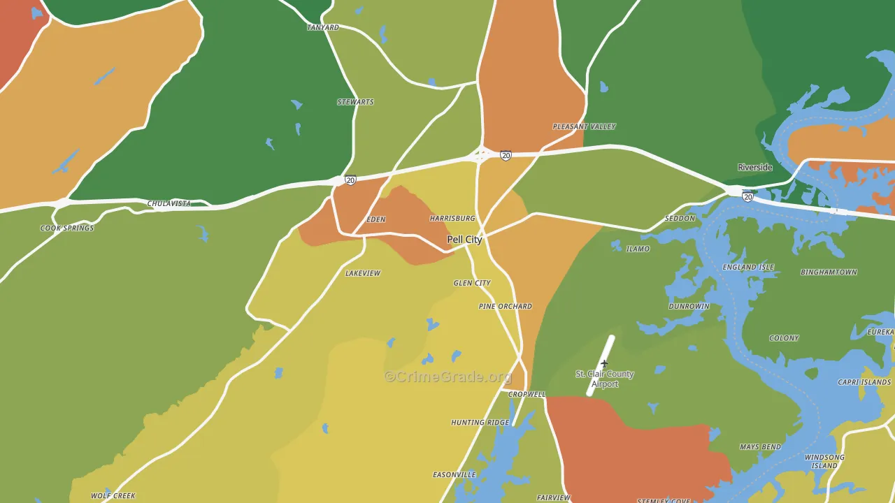 Pell City, AL Map of Robbery Rates