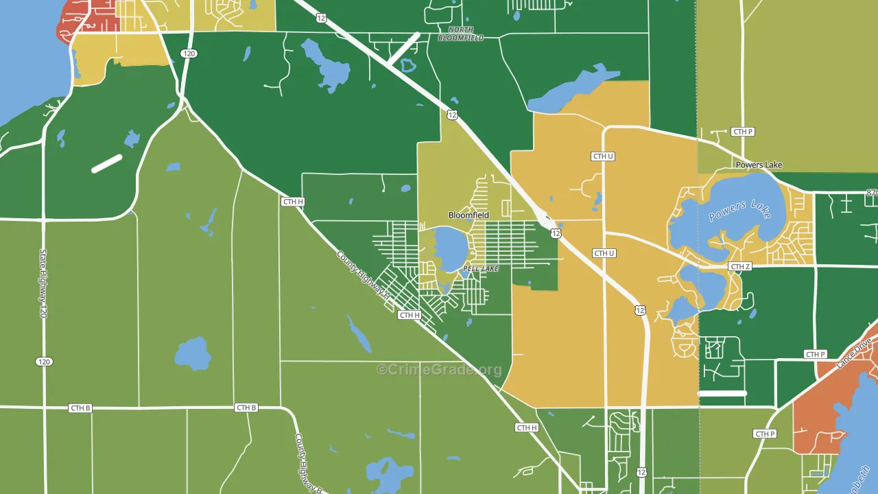 Pell Lake, WI Map of Robbery Rates