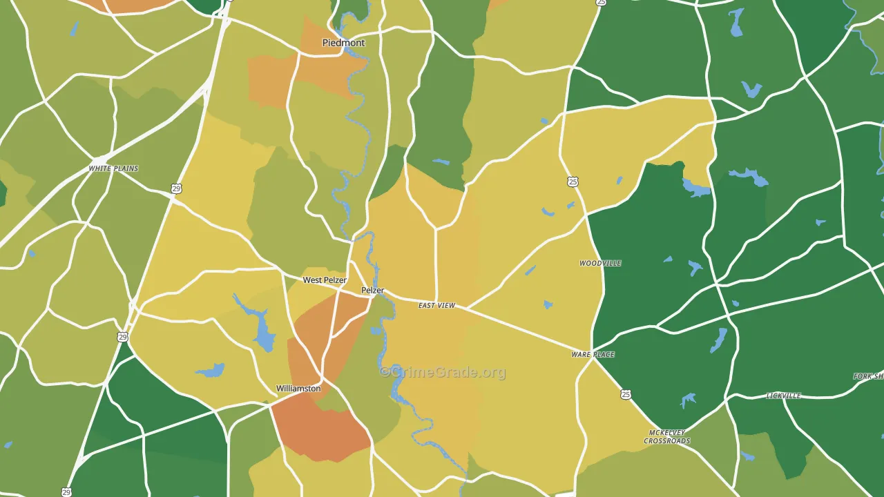 Pelzer, SC Map of Robbery Rates
