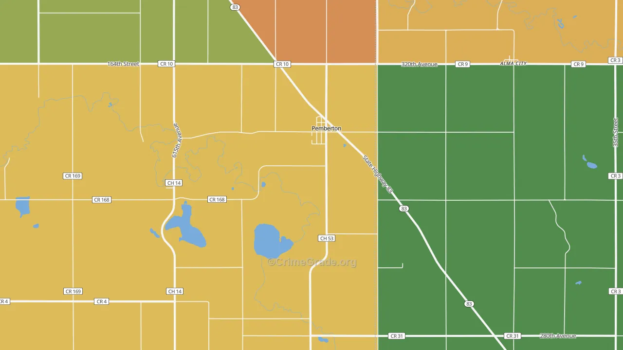 Pemberton, MN Map of Robbery Rates
