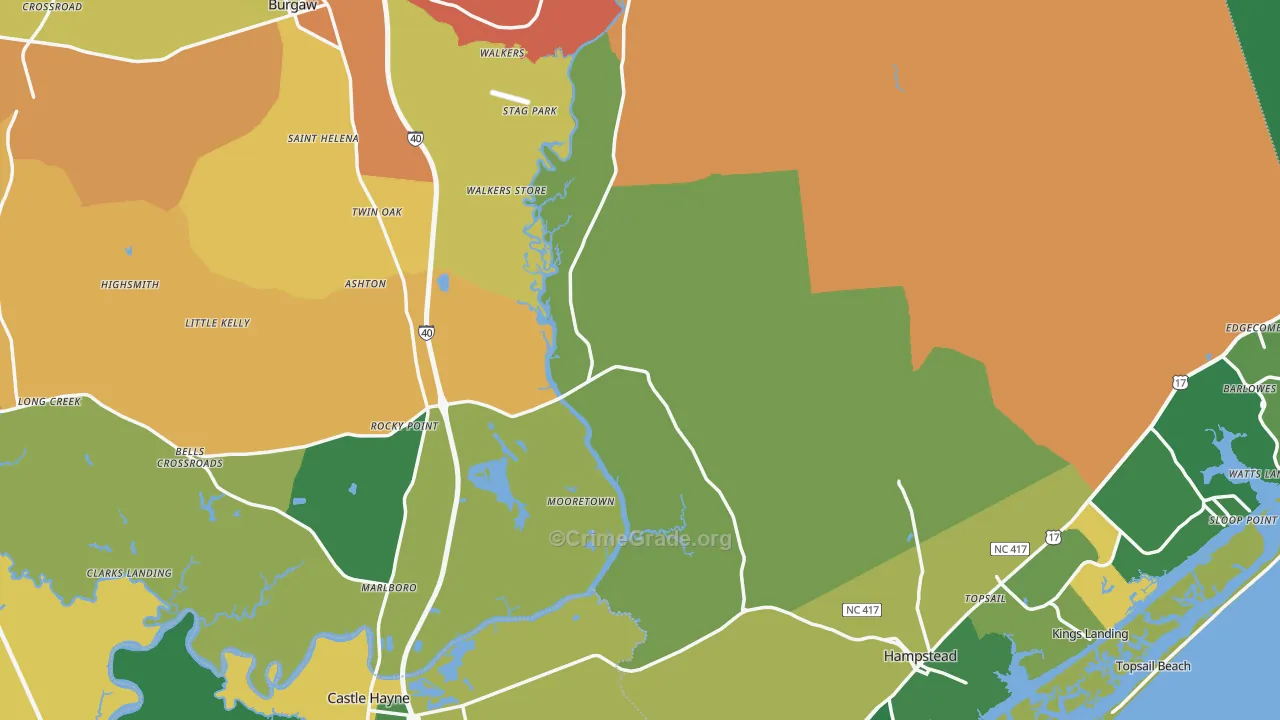 Pender County, NC Map of Robbery Rates