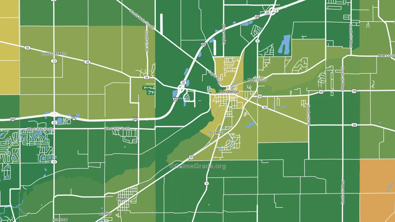 Pendleton, IN Map of Robbery Rates